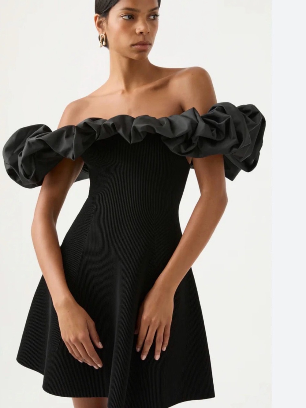 Aje Black Off-Shoulder Puff-Sleeve Formal Dress